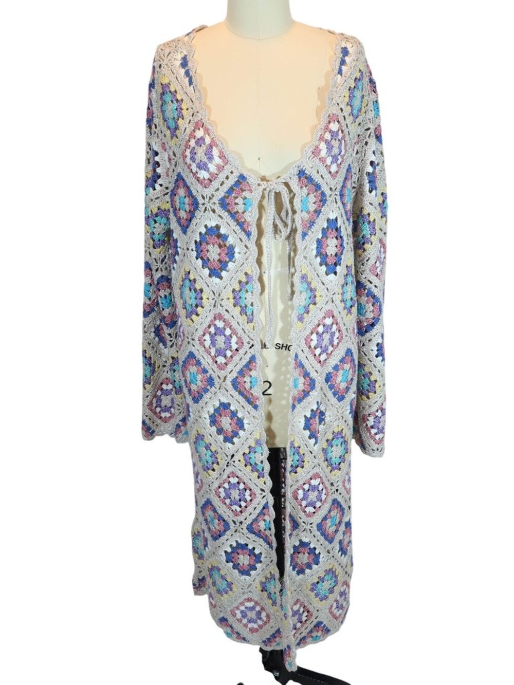 BOSTON PROPER Granny Square Crochet Duster Cardigan Sweater Size L Boho Metallic